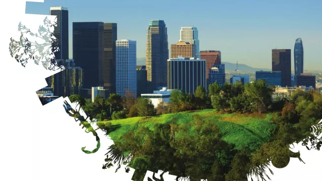 image of DTLA with green in foreground and animal cutouts in a circle