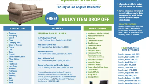 bulky item drop off flyer with couch dates and locations English