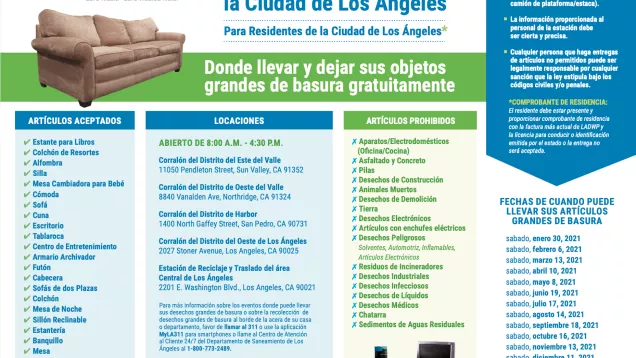 bulky item drop off flyer with couch dates and locations Spanish