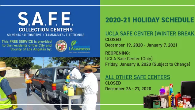 SAFE Centers holiday schedule changes flyer with people unloading cars