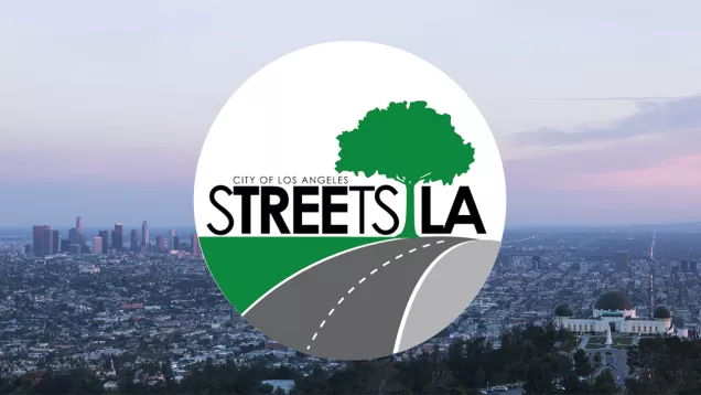 Image of StreetsLA logo superimposed over a photo of the City of Los Angeles downtown skyline.