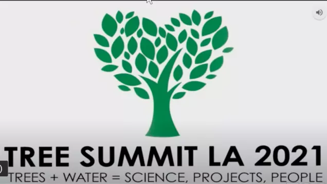Tree Summit LA 2021 Trees + Water = Science, Projects, People. Green Tree shaped like a heart.