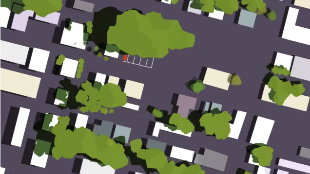 stylized overhead view of streets and trees