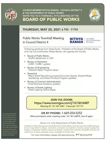Full flyer for Board of Public Works townhall meeting in CD4 on May 20th at 6:00 PM